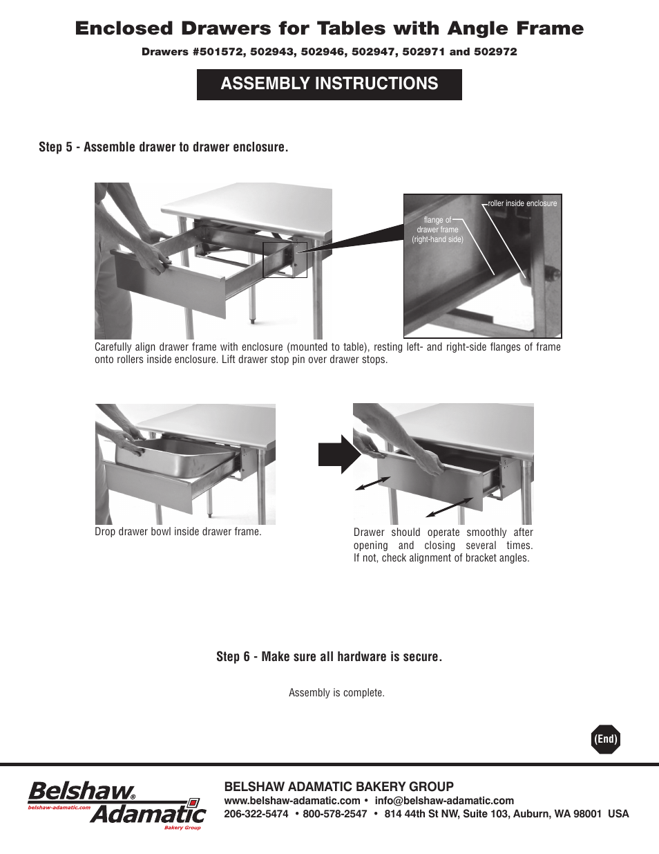 Enclosed drawers for tables with angle frame, Assembly instructions | Belshaw Adamatic Sugaring Table User Manual | Page 8 / 9