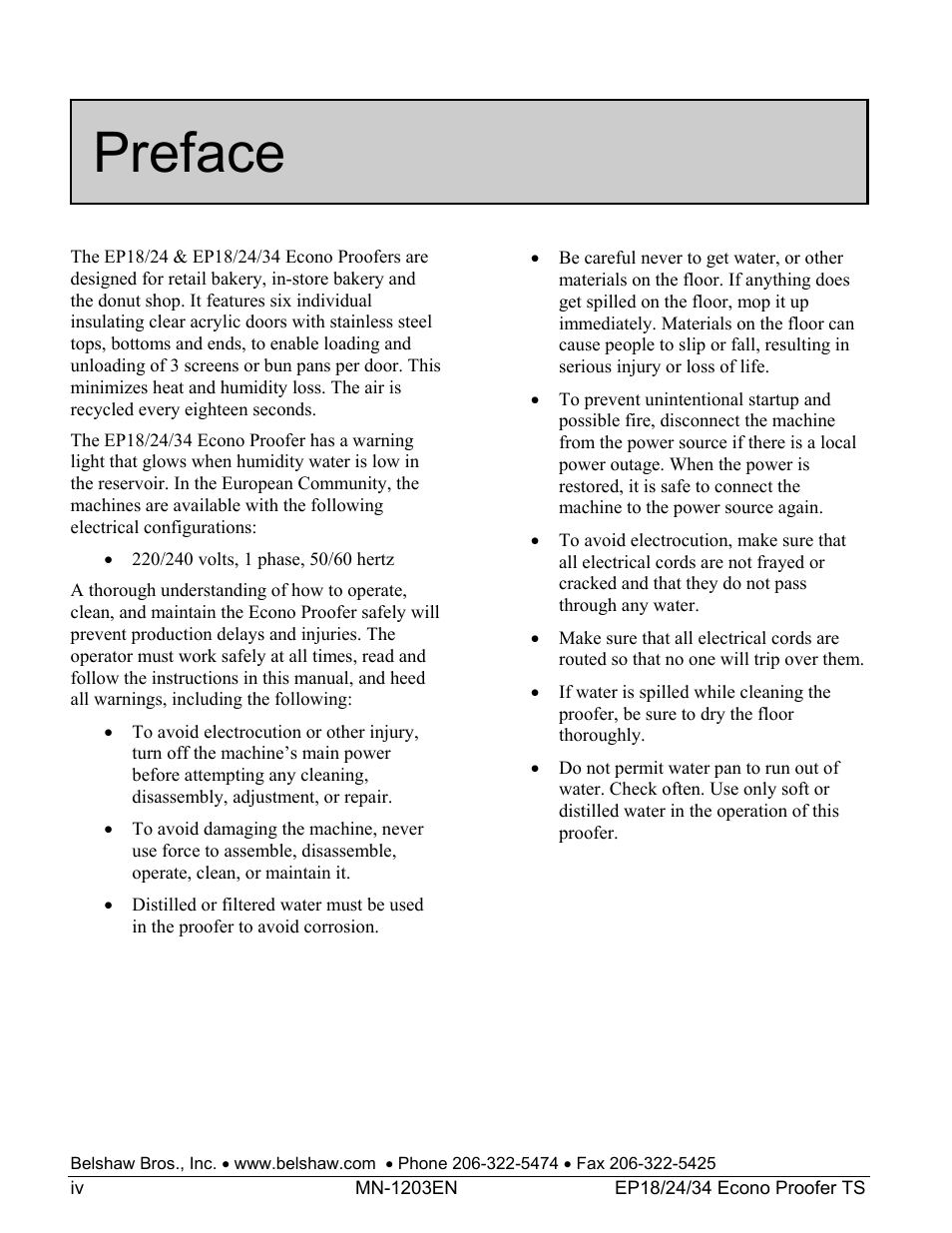 Preface | Belshaw Adamatic EP18-24 Proofer User Manual | Page 18 / 25