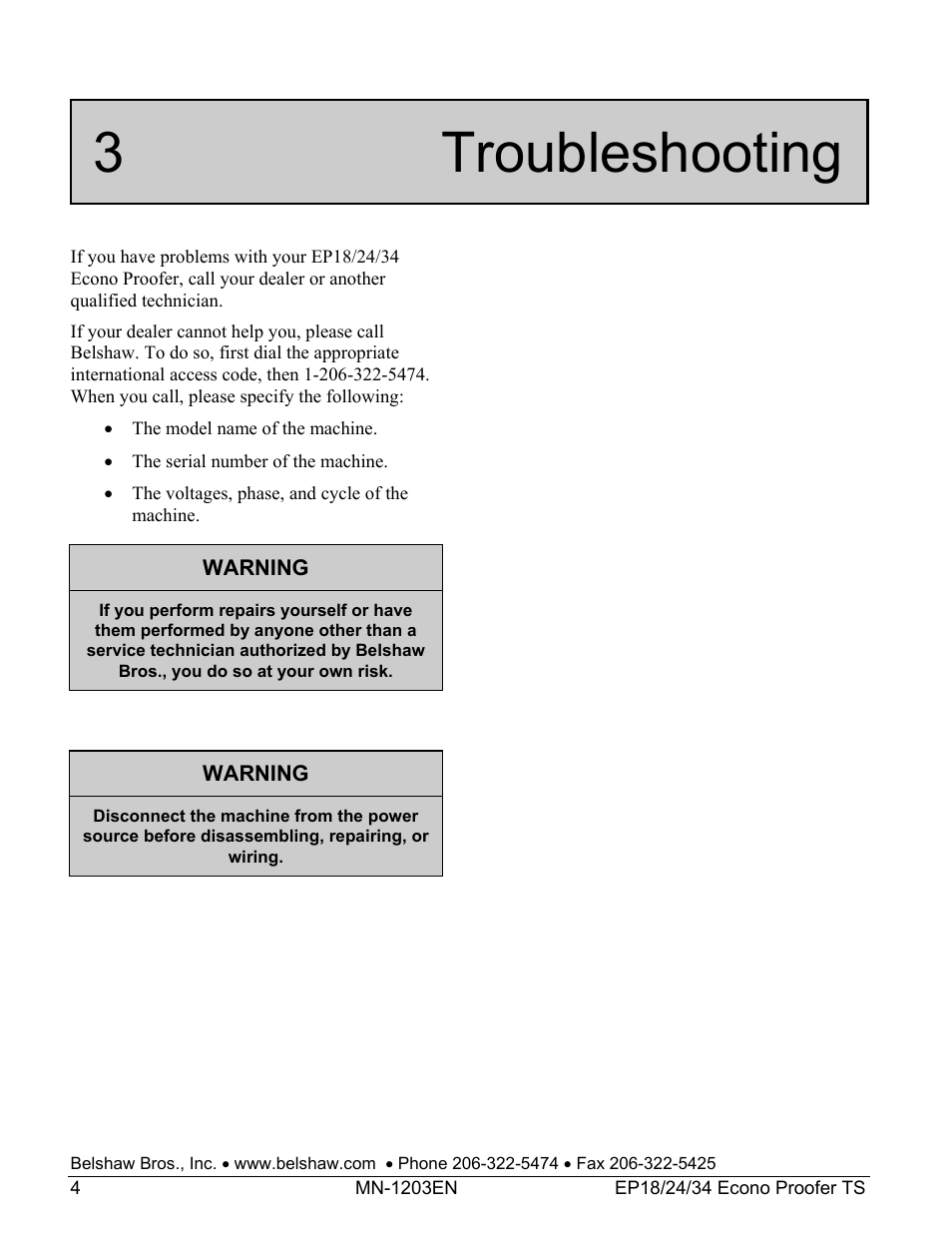 3 troubleshooting | Belshaw Adamatic EP18-24 Proofer User Manual | Page 22 / 25