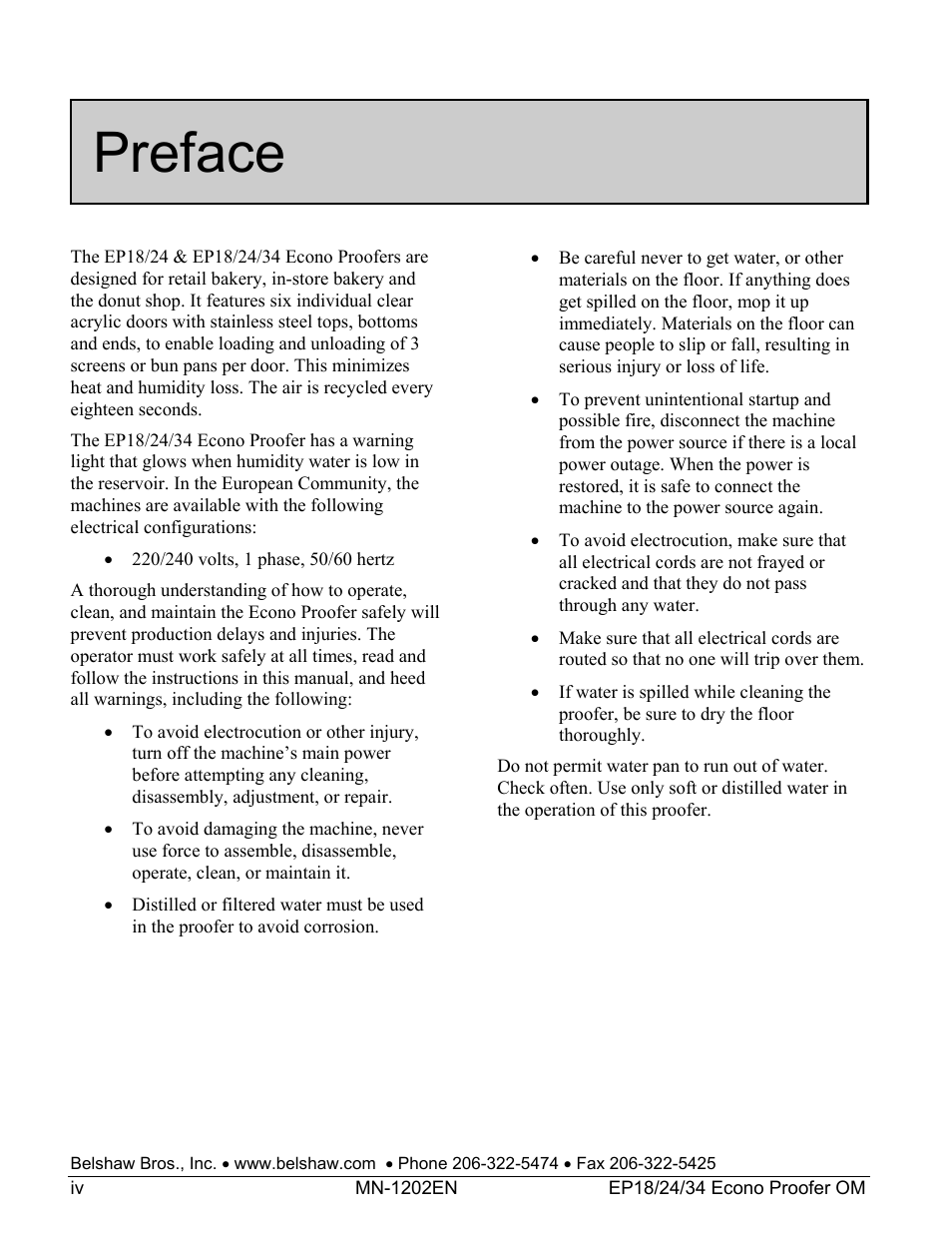 Preface | Belshaw Adamatic EP18-24 Proofer User Manual | Page 6 / 25