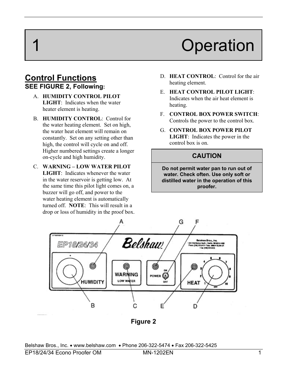 1 operation, Control functions | Belshaw Adamatic EP18-24 Proofer User Manual | Page 7 / 25