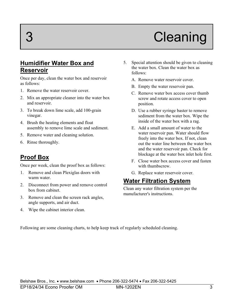 3 cleaning, Humidifier water box and reservoir, Proof box | Water filtration system | Belshaw Adamatic EP18-24 Proofer User Manual | Page 9 / 25