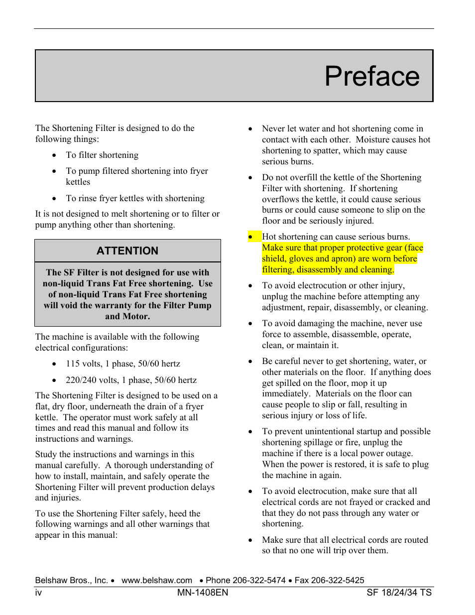 Preface | Belshaw Adamatic SF18 Shortening Filter User Manual | Page 16 / 23