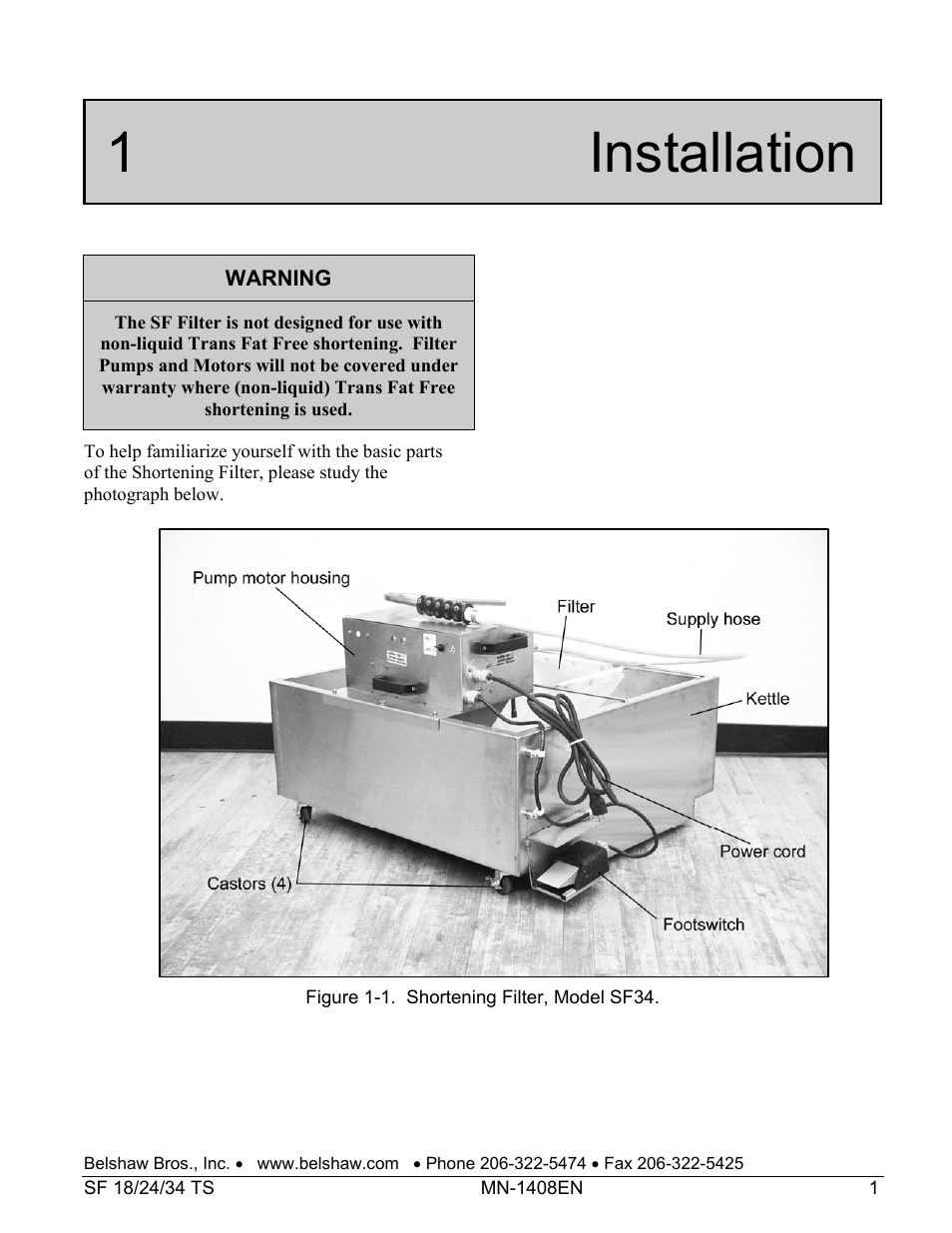 1 installation | Belshaw Adamatic SF18 Shortening Filter User Manual | Page 17 / 23