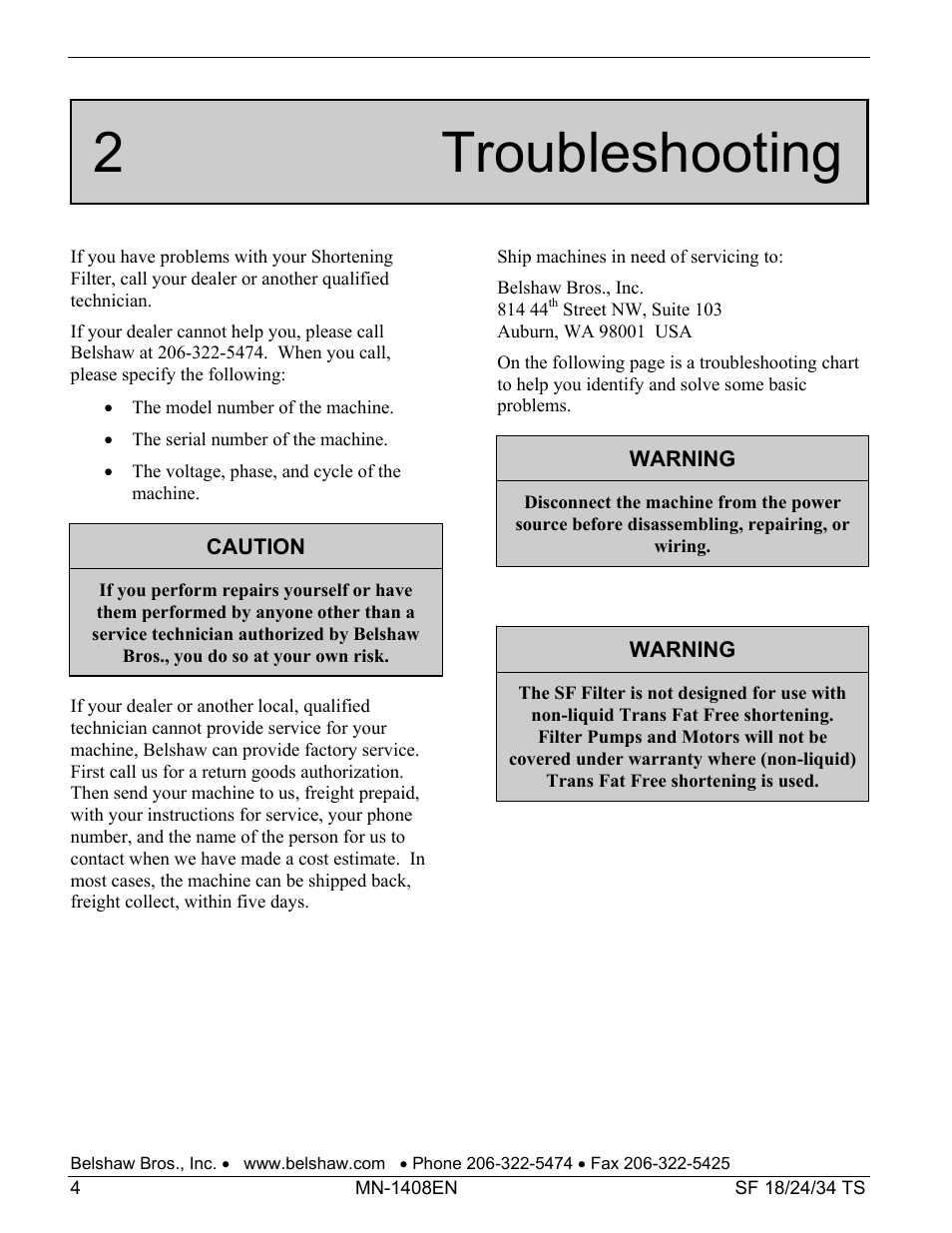 2 troubleshooting | Belshaw Adamatic SF18 Shortening Filter User Manual | Page 20 / 23