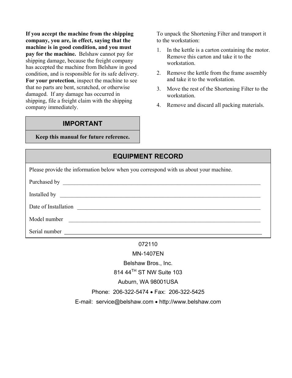 Belshaw Adamatic SF18 Shortening Filter User Manual | Page 3 / 23
