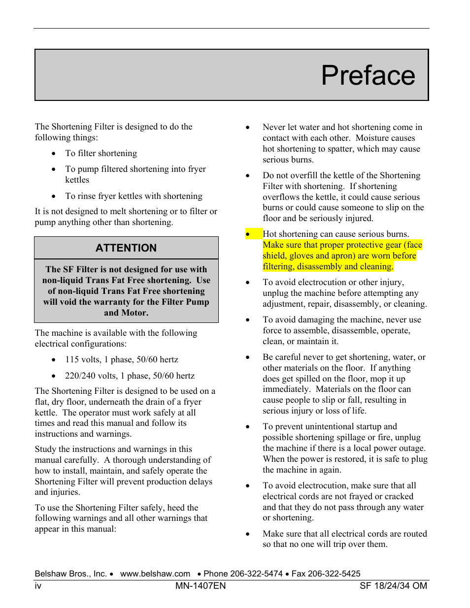 Preface | Belshaw Adamatic SF18 Shortening Filter User Manual | Page 6 / 23