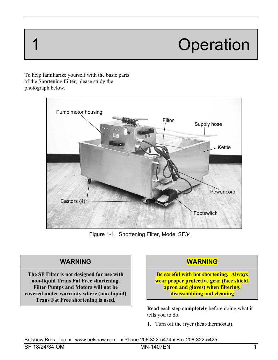 1 operation | Belshaw Adamatic SF18 Shortening Filter User Manual | Page 7 / 23