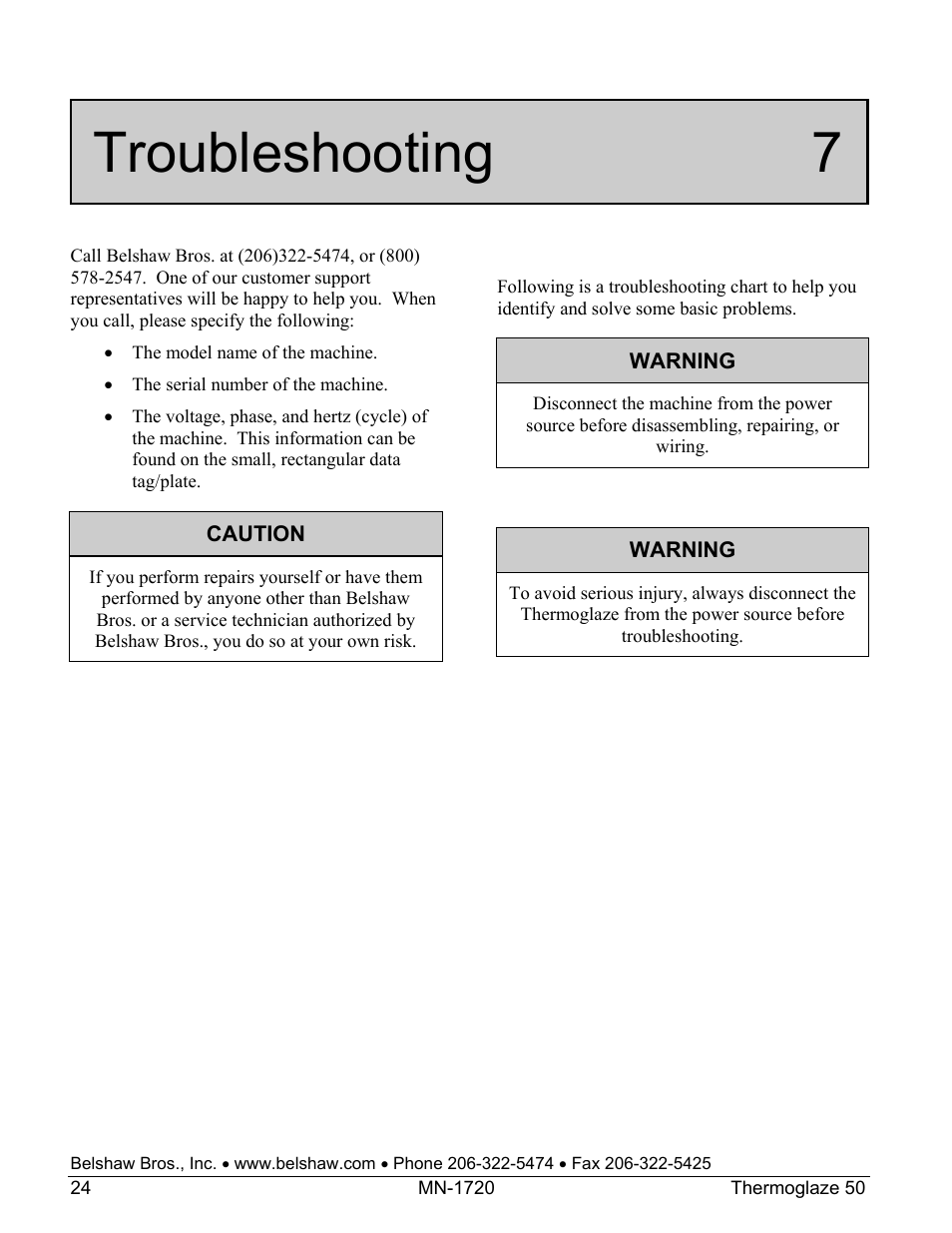 Troubleshooting 7 | Belshaw Adamatic TG50 Thermoglaze User Manual | Page 30 / 39
