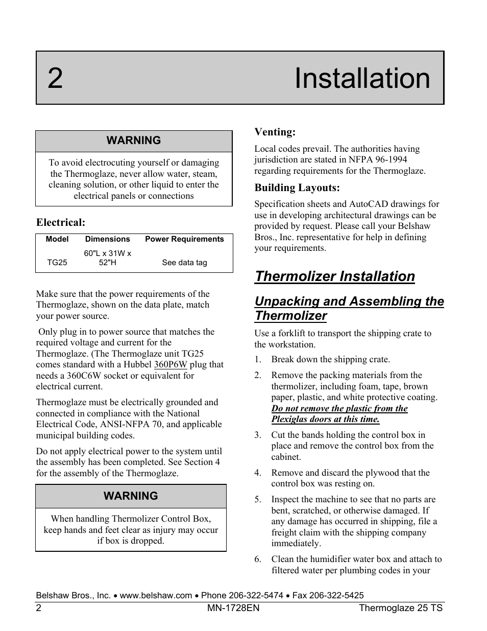 2 installation, Thermolizer installation, Unpacking and assembling the thermolizer | Belshaw Adamatic TG25 Thermoglaze User Manual | Page 26 / 51