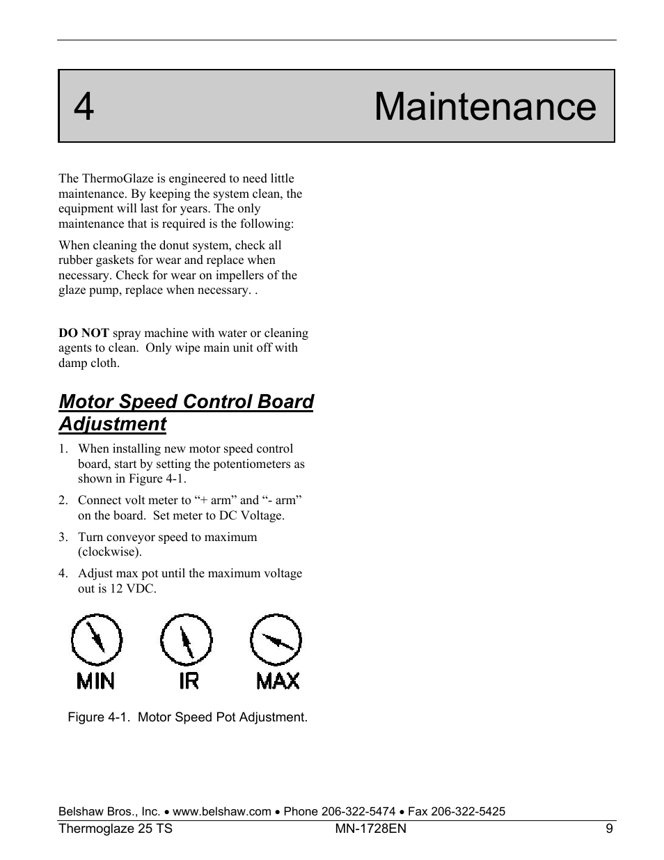 4 maintenance, Motor speed control board adjustment | Belshaw Adamatic TG25 Thermoglaze User Manual | Page 33 / 51