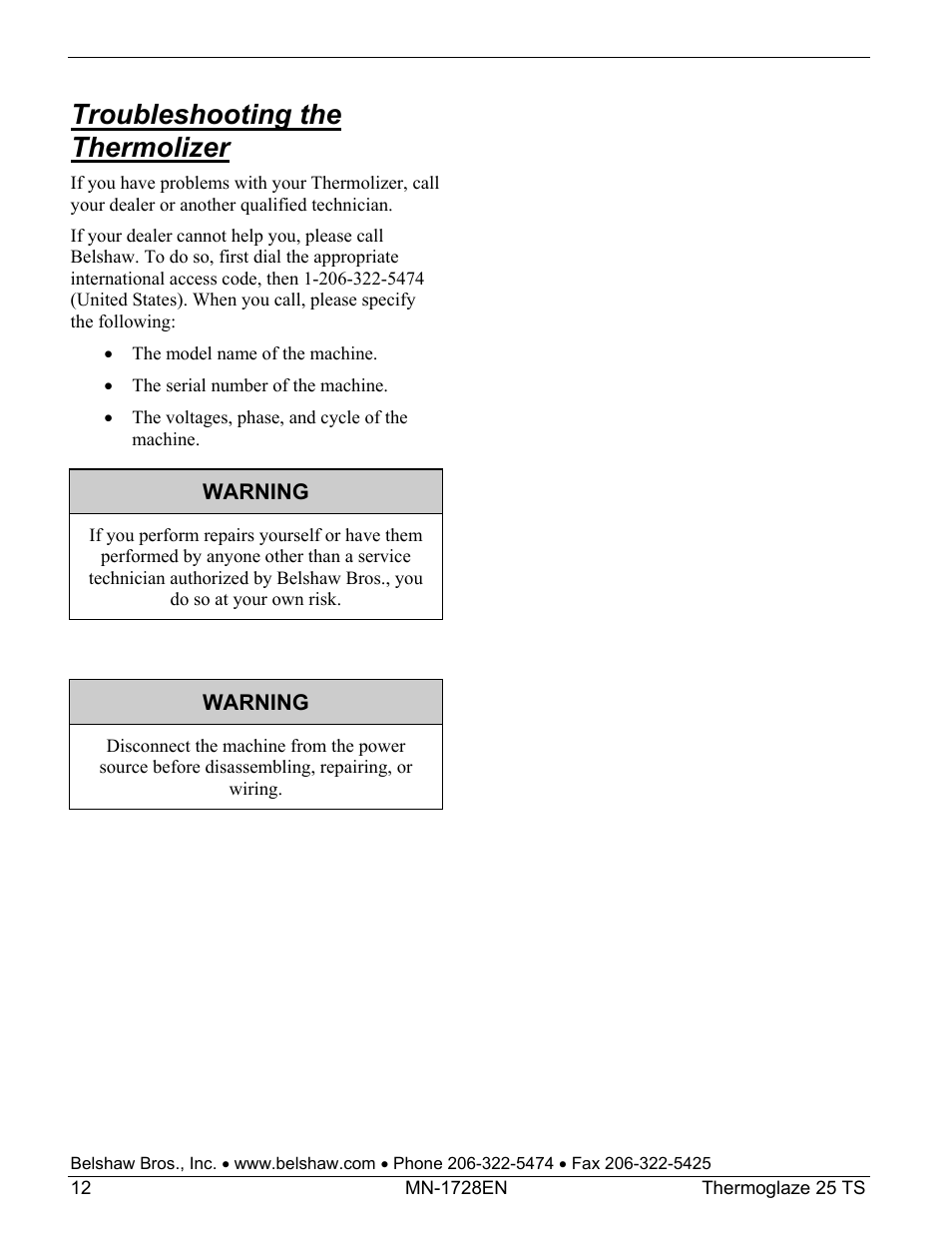 Troubleshooting the thermolizer | Belshaw Adamatic TG25 Thermoglaze User Manual | Page 36 / 51