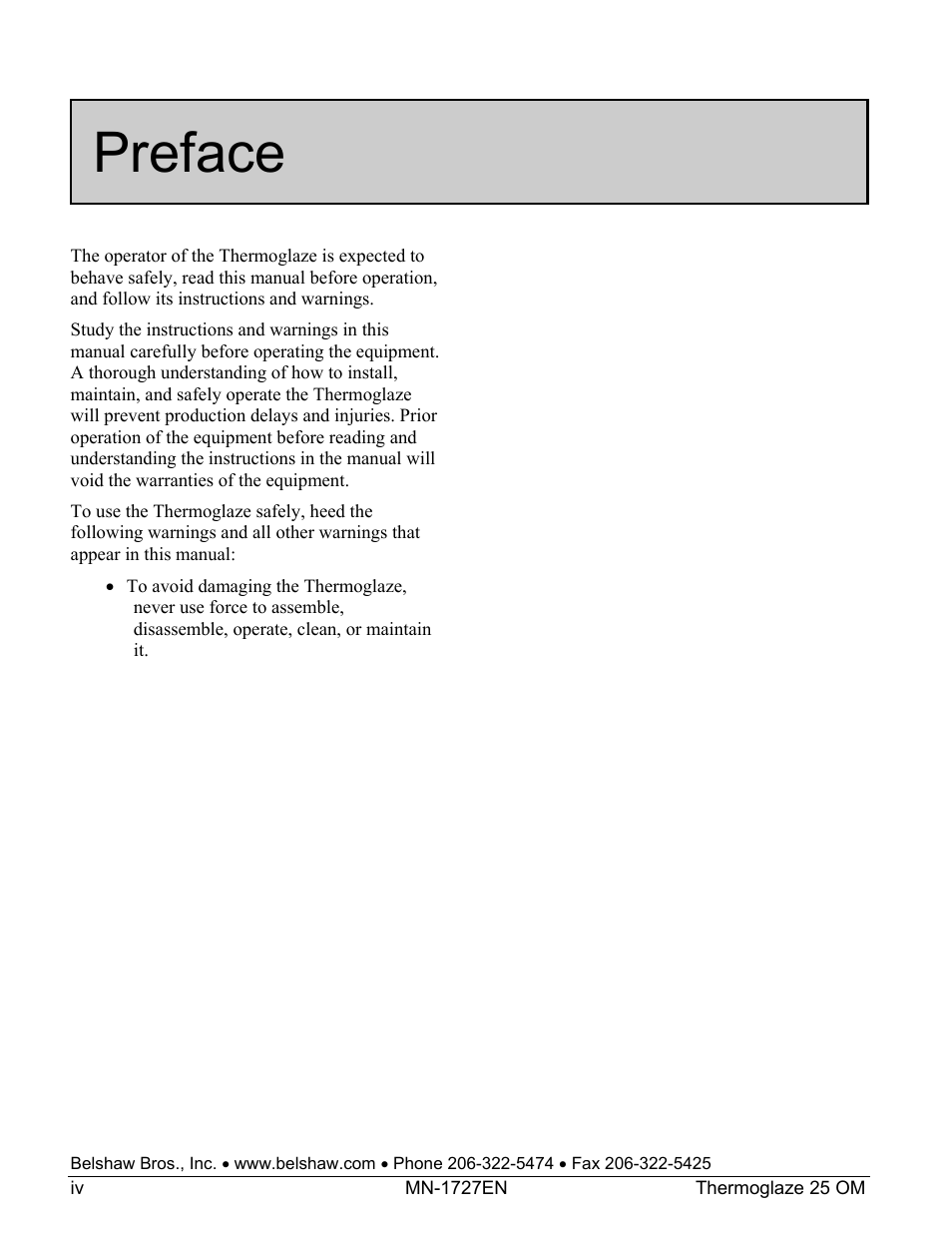 Preface | Belshaw Adamatic TG25 Thermoglaze User Manual | Page 6 / 51