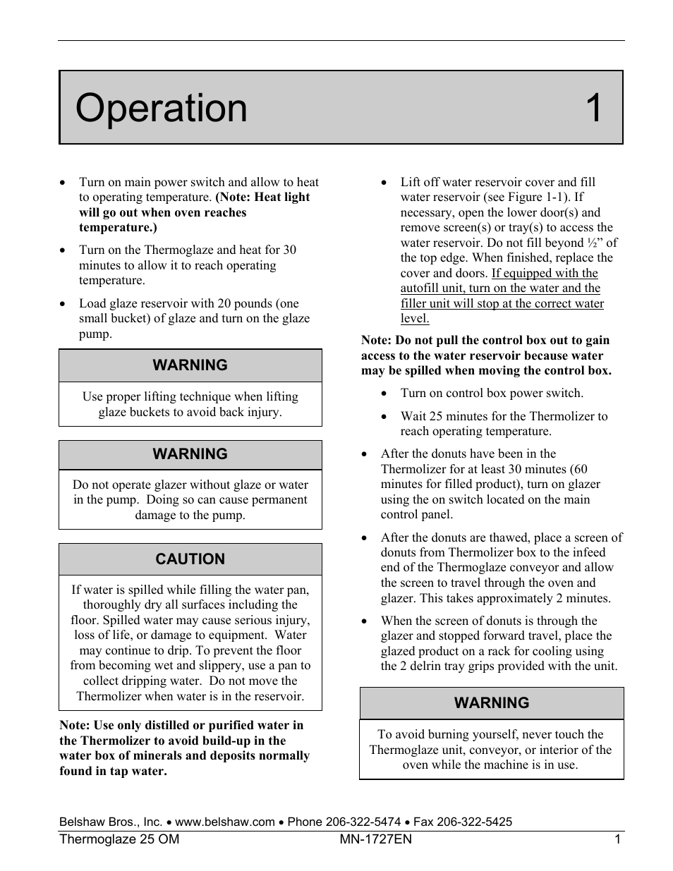 Operation 1 | Belshaw Adamatic TG25 Thermoglaze User Manual | Page 7 / 51