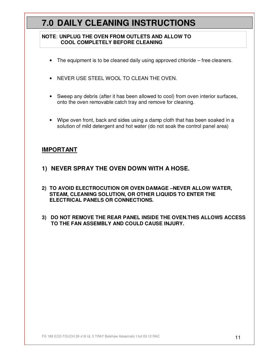 0 daily cleaning instructions | Belshaw Adamatic BX4E Eco-touch Convection Oven User Manual | Page 11 / 32