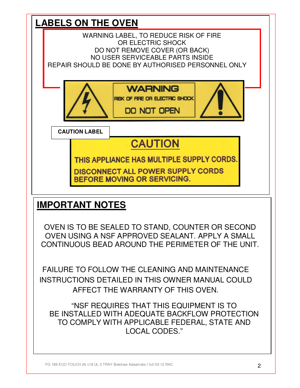 Labels on the oven | Belshaw Adamatic BX4E Eco-touch Convection Oven User Manual | Page 2 / 32