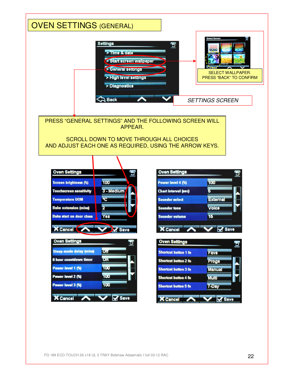 Oven settings | Belshaw Adamatic BX4E Eco-touch Convection Oven User Manual | Page 22 / 32