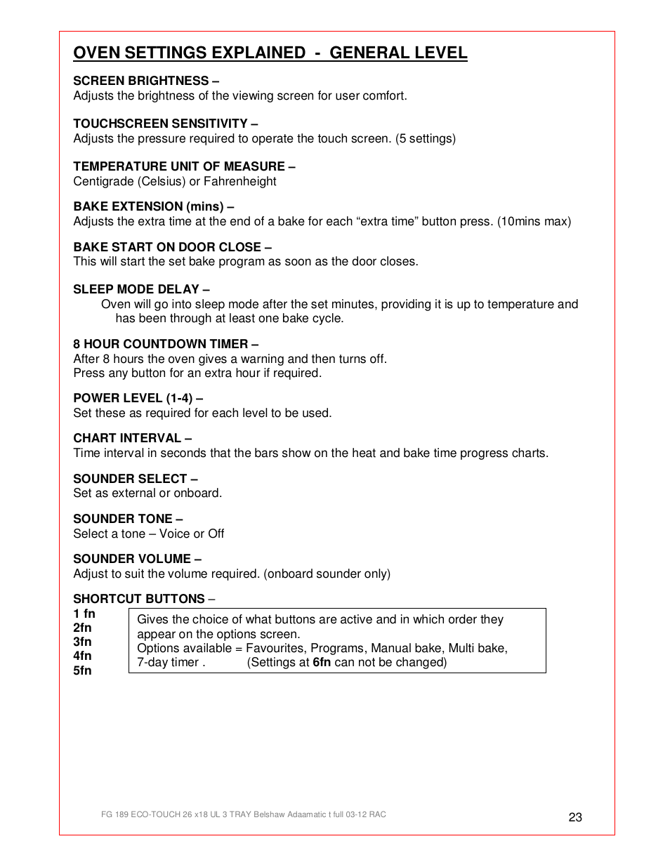 Oven settings explained - general level | Belshaw Adamatic BX4E Eco-touch Convection Oven User Manual | Page 23 / 32