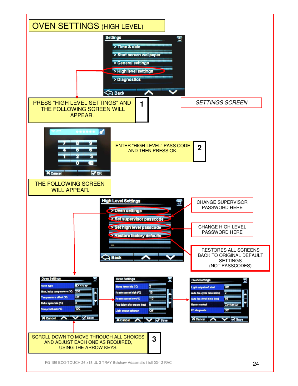 Oven settings | Belshaw Adamatic BX4E Eco-touch Convection Oven User Manual | Page 24 / 32