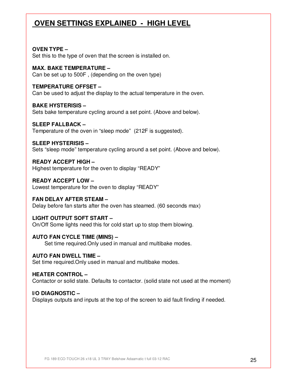 Oven settings explained - high level | Belshaw Adamatic BX4E Eco-touch Convection Oven User Manual | Page 25 / 32