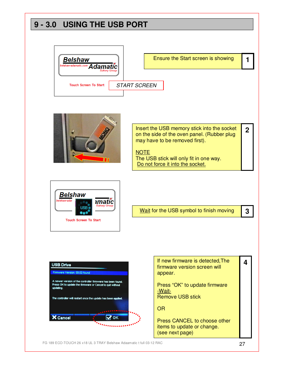 9 - 3.0 using the usb port | Belshaw Adamatic BX4E Eco-touch Convection Oven User Manual | Page 27 / 32