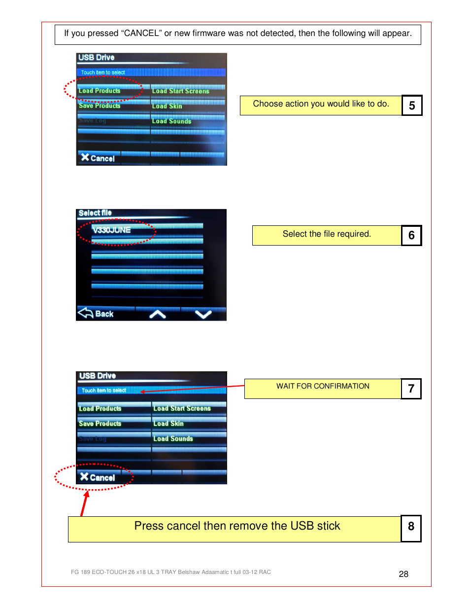 Press cancel then remove the usb stick 8 | Belshaw Adamatic BX4E Eco-touch Convection Oven User Manual | Page 28 / 32