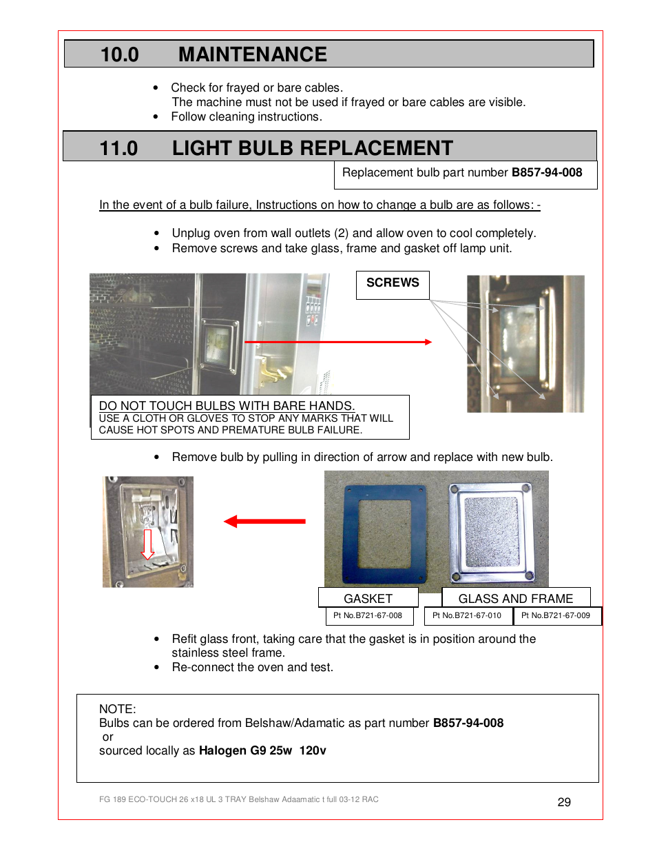 0 maintenance, 0 light bulb replacement, 0 b replacement | Belshaw Adamatic BX4E Eco-touch Convection Oven User Manual | Page 29 / 32