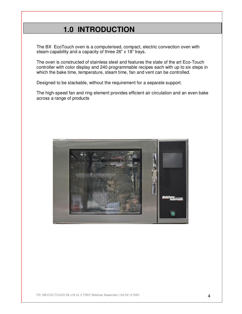 0 introduction | Belshaw Adamatic BX4E Eco-touch Convection Oven User Manual | Page 4 / 32