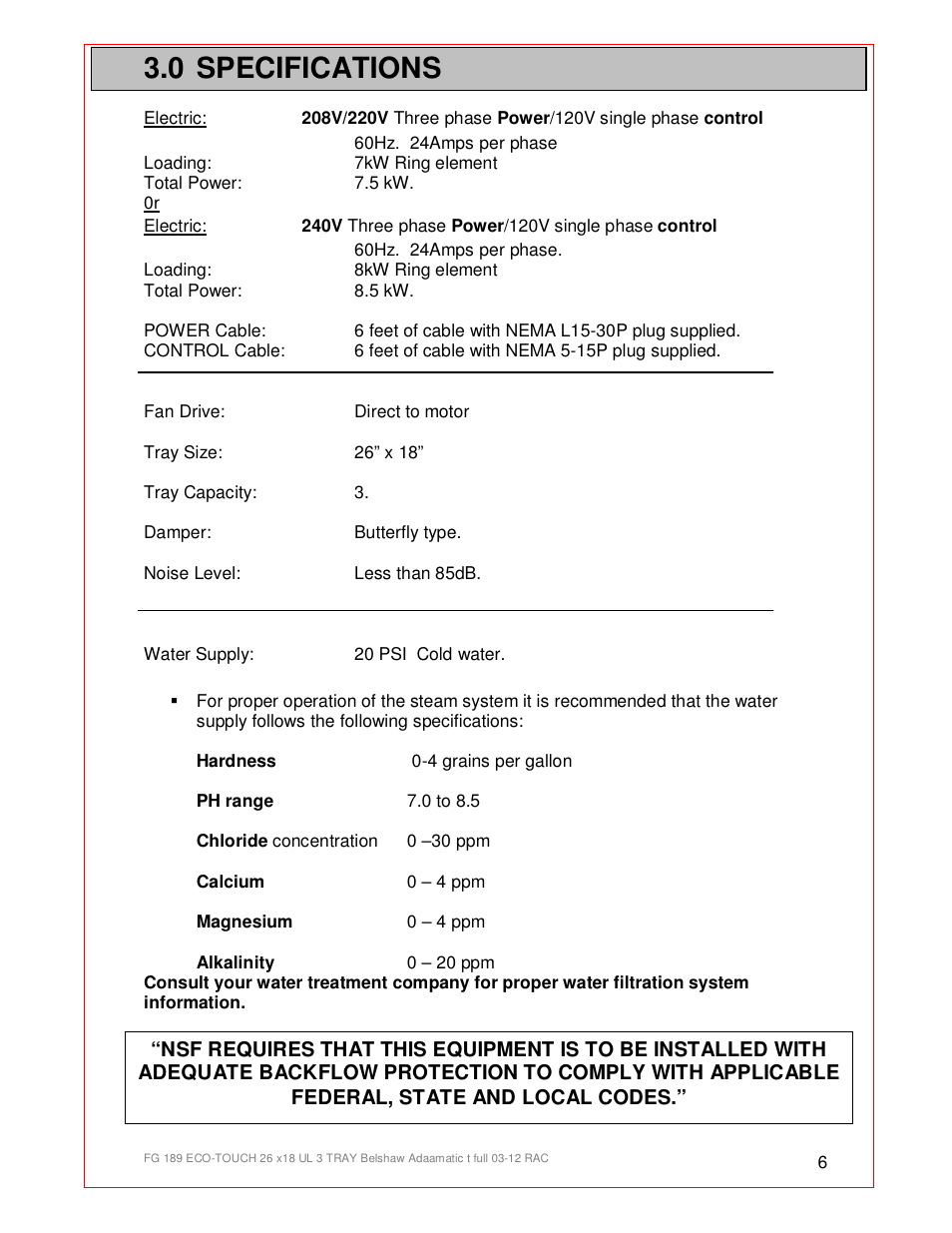 0 specifications | Belshaw Adamatic BX4E Eco-touch Convection Oven User Manual | Page 6 / 32