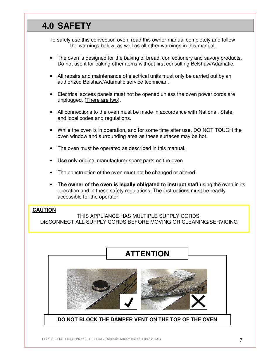 0 safety, Attention | Belshaw Adamatic BX4E Eco-touch Convection Oven User Manual | Page 7 / 32