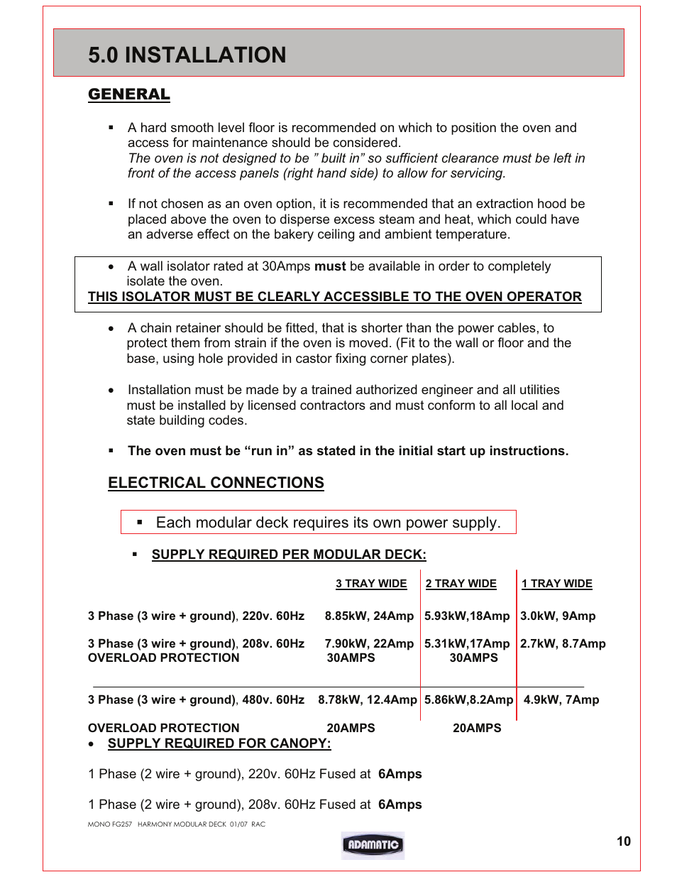 0 installation | Belshaw Adamatic Harmony Deck Oven User Manual | Page 10 / 54