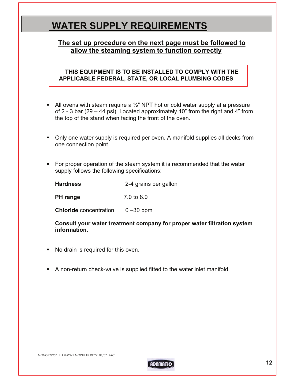 Water supply requirements | Belshaw Adamatic Harmony Deck Oven User Manual | Page 13 / 54