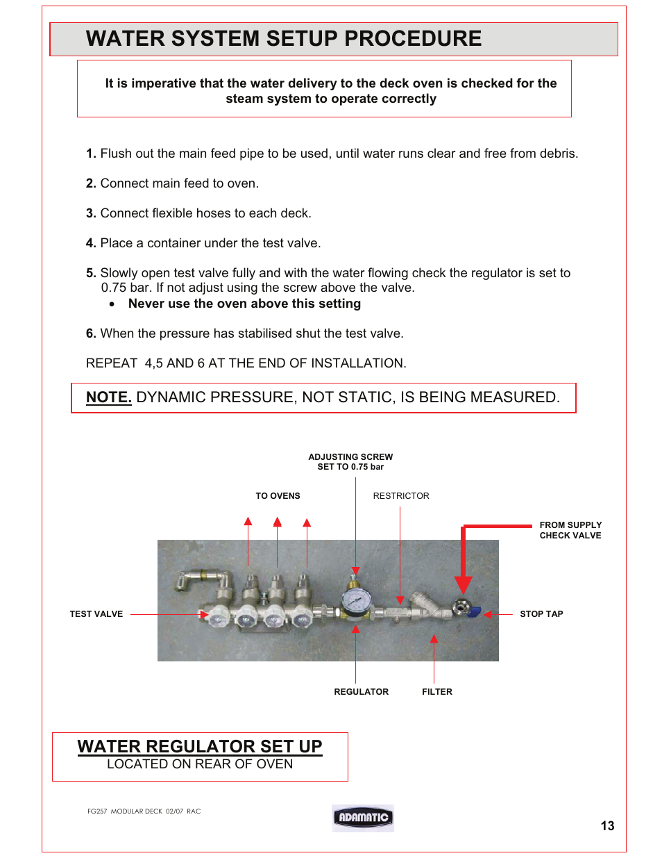 Water system setup procedure, Water regulator set up | Belshaw Adamatic Harmony Deck Oven User Manual | Page 14 / 54