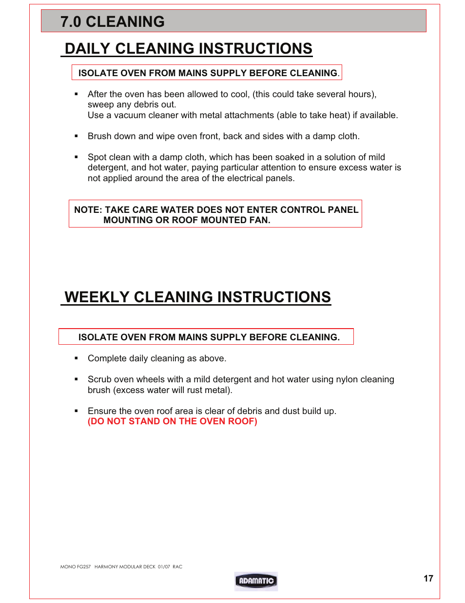 0 cleaning, Daily cleaning instructions, Weekly cleaning instructions | Belshaw Adamatic Harmony Deck Oven User Manual | Page 18 / 54