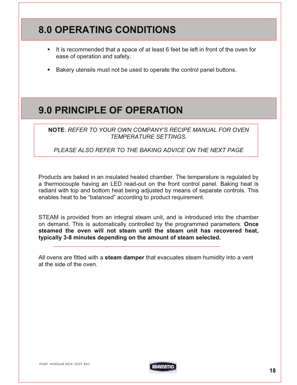 0 operating conditions, 0 principle of operation | Belshaw Adamatic Harmony Deck Oven User Manual | Page 19 / 54