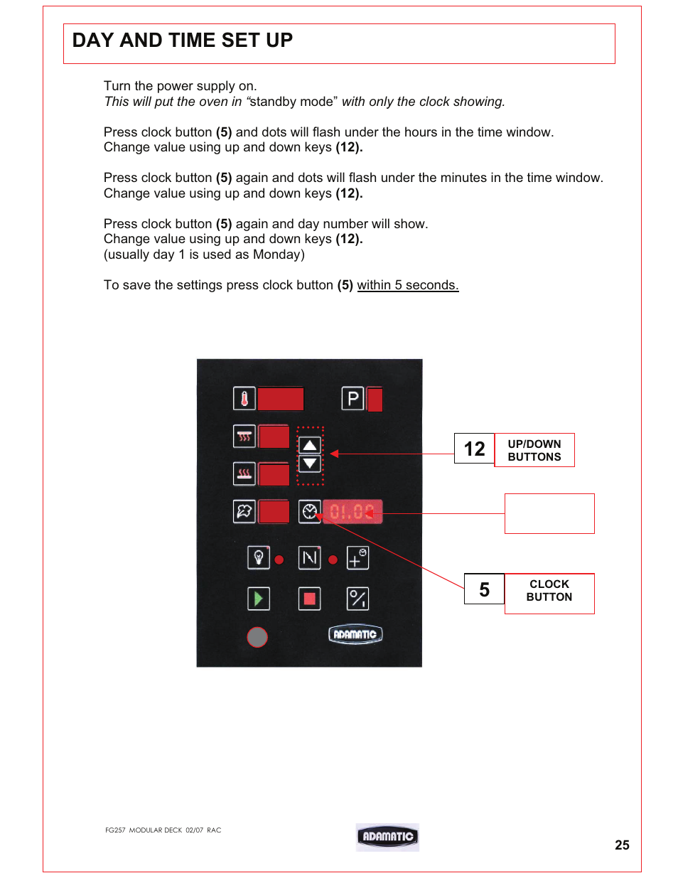 Day and time set up | Belshaw Adamatic Harmony Deck Oven User Manual | Page 26 / 54