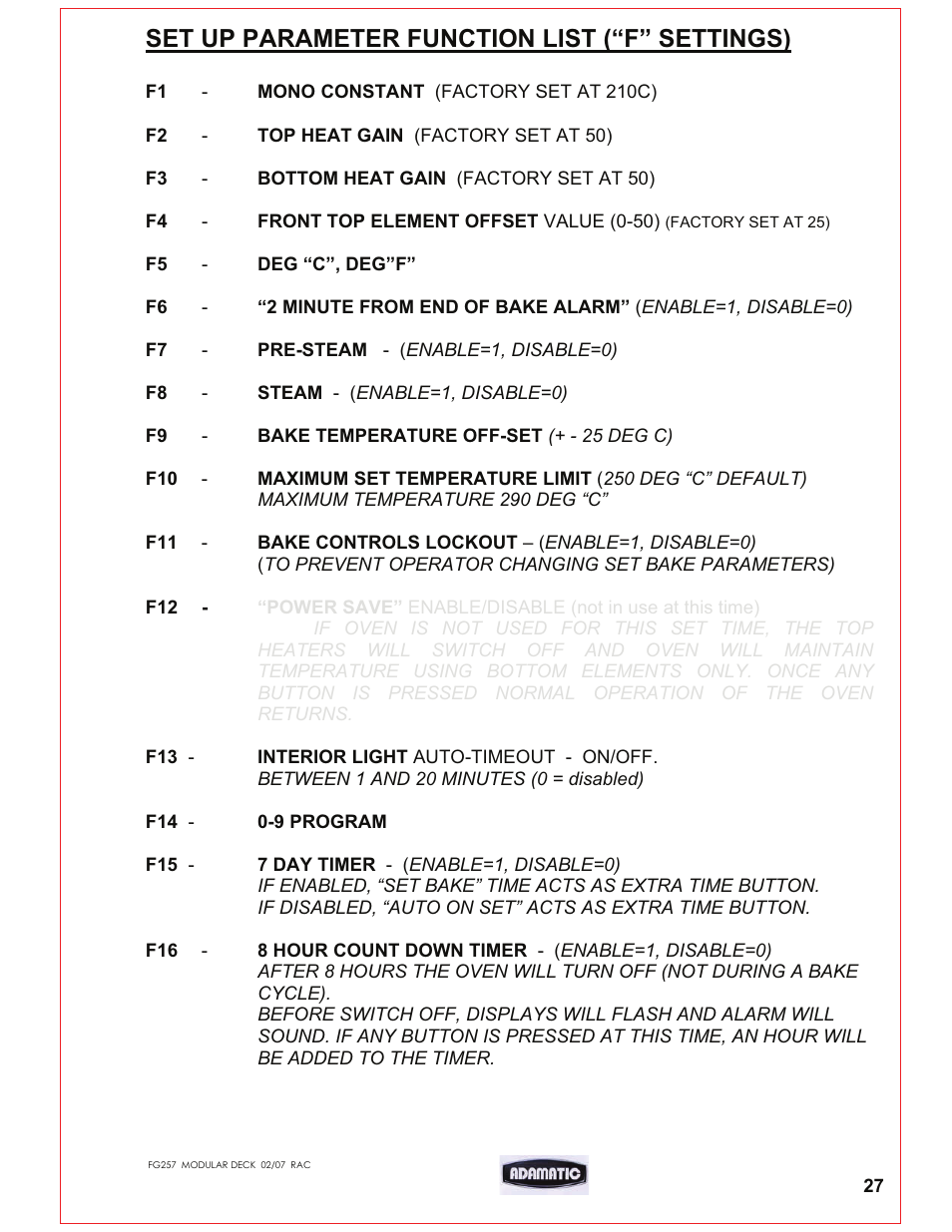 Set up parameter function list (“f” settings) | Belshaw Adamatic Harmony Deck Oven User Manual | Page 28 / 54