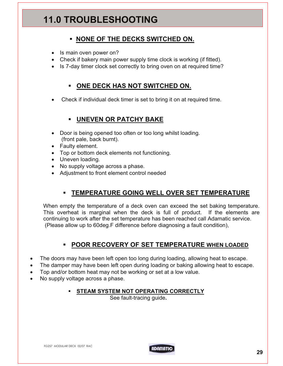 0 troubleshooting | Belshaw Adamatic Harmony Deck Oven User Manual | Page 30 / 54
