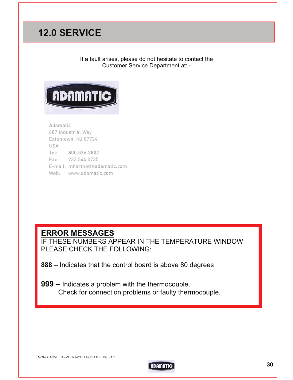 0 service, Error messages | Belshaw Adamatic Harmony Deck Oven User Manual | Page 31 / 54
