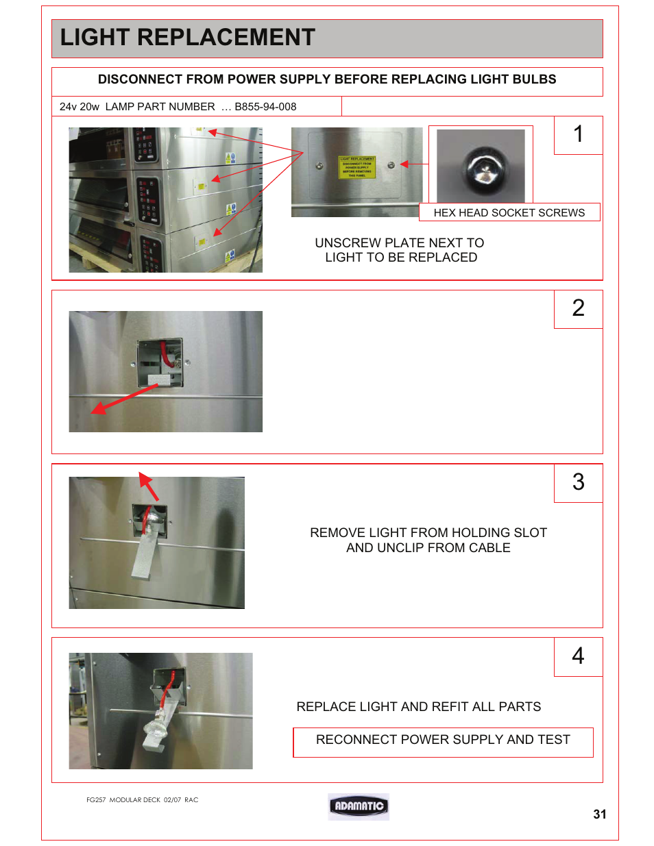Light replacement | Belshaw Adamatic Harmony Deck Oven User Manual | Page 32 / 54