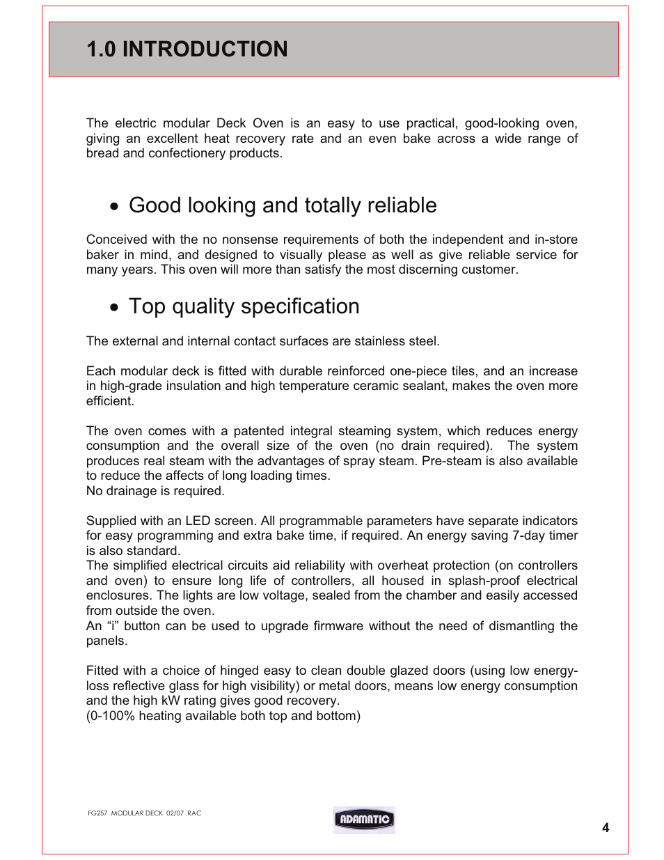 0 introduction, X good looking and totally reliable, X top quality specification | Belshaw Adamatic Harmony Deck Oven User Manual | Page 4 / 54