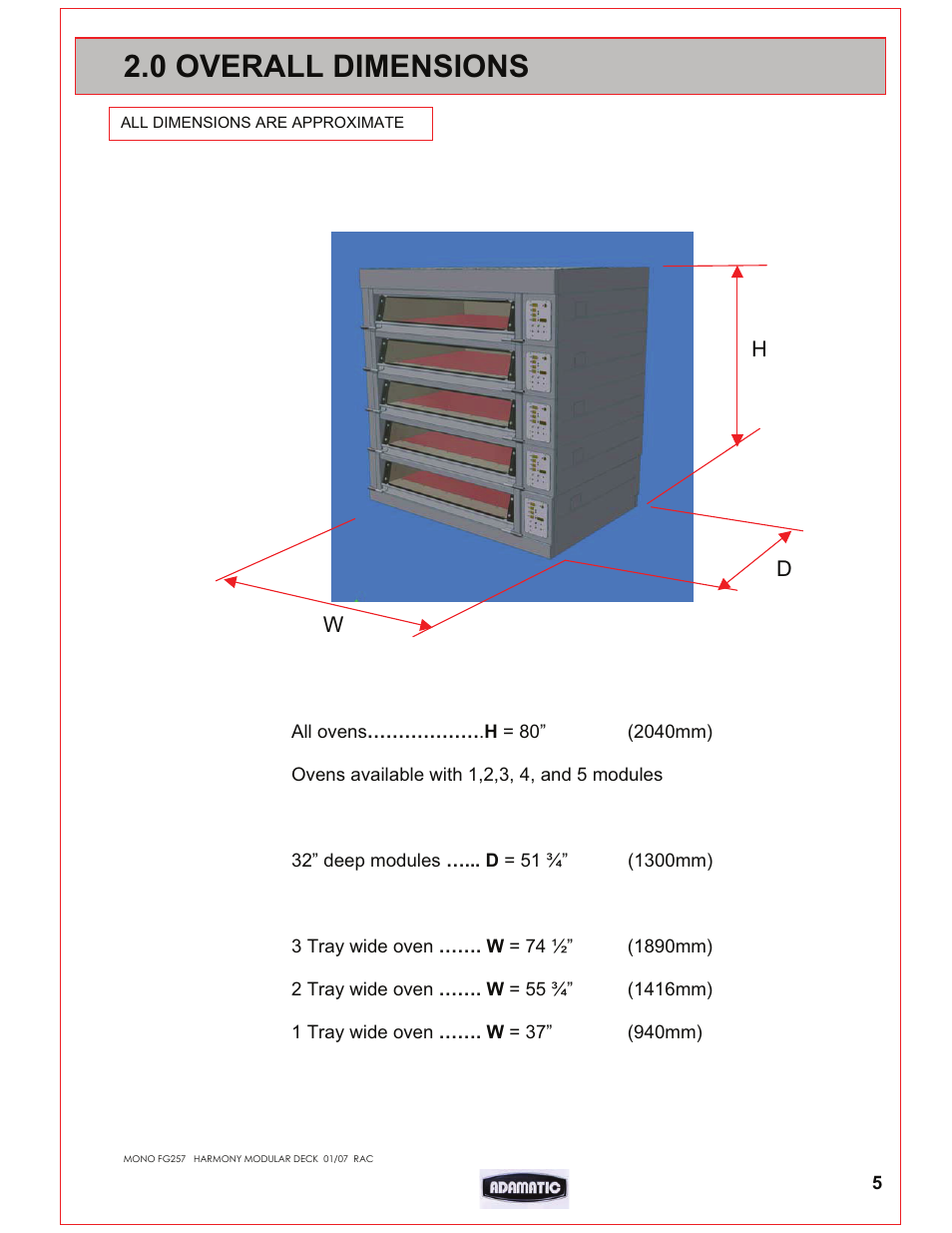 0 overall dimensions, Hd w | Belshaw Adamatic Harmony Deck Oven User Manual | Page 5 / 54