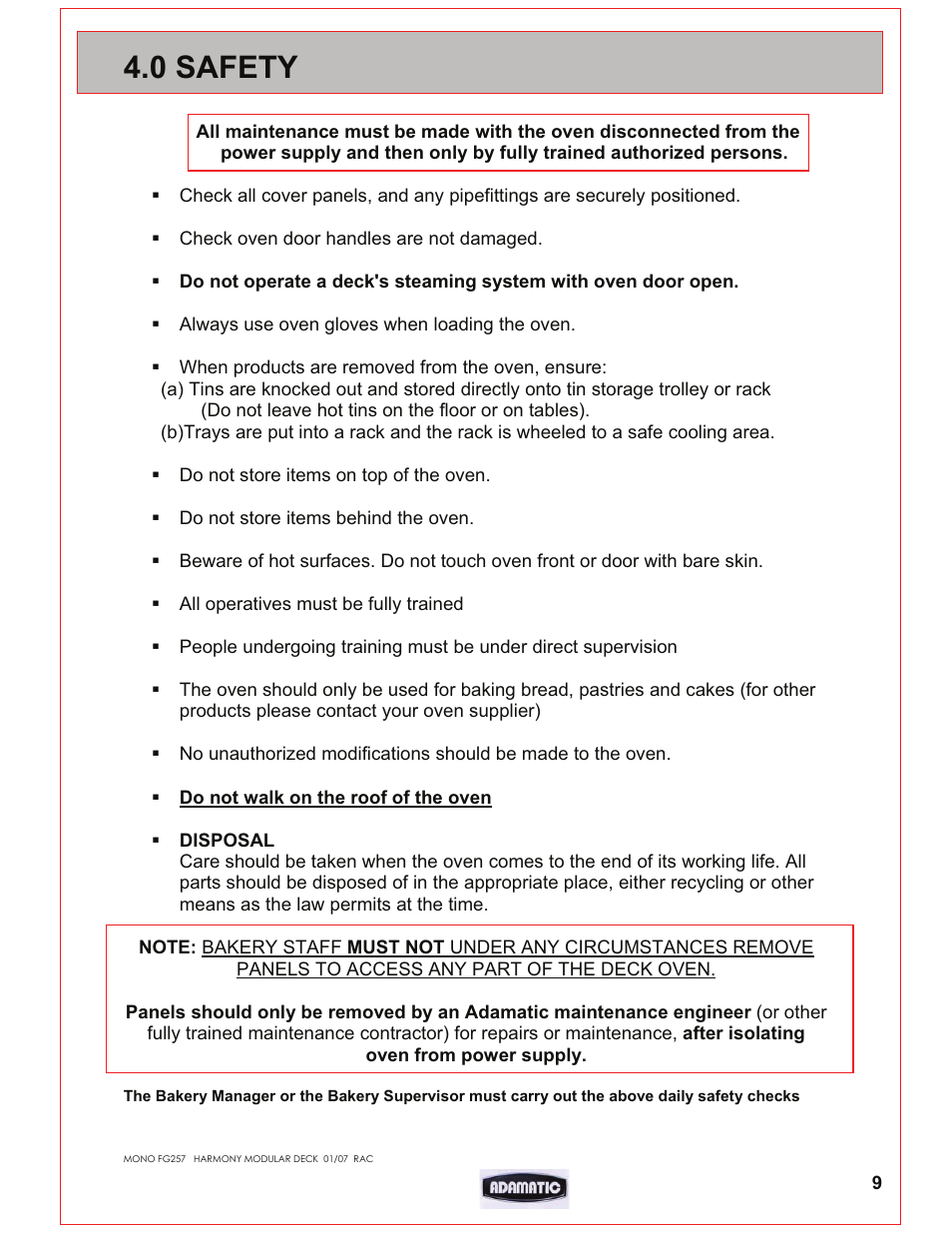 0 safety | Belshaw Adamatic Harmony Deck Oven User Manual | Page 9 / 54