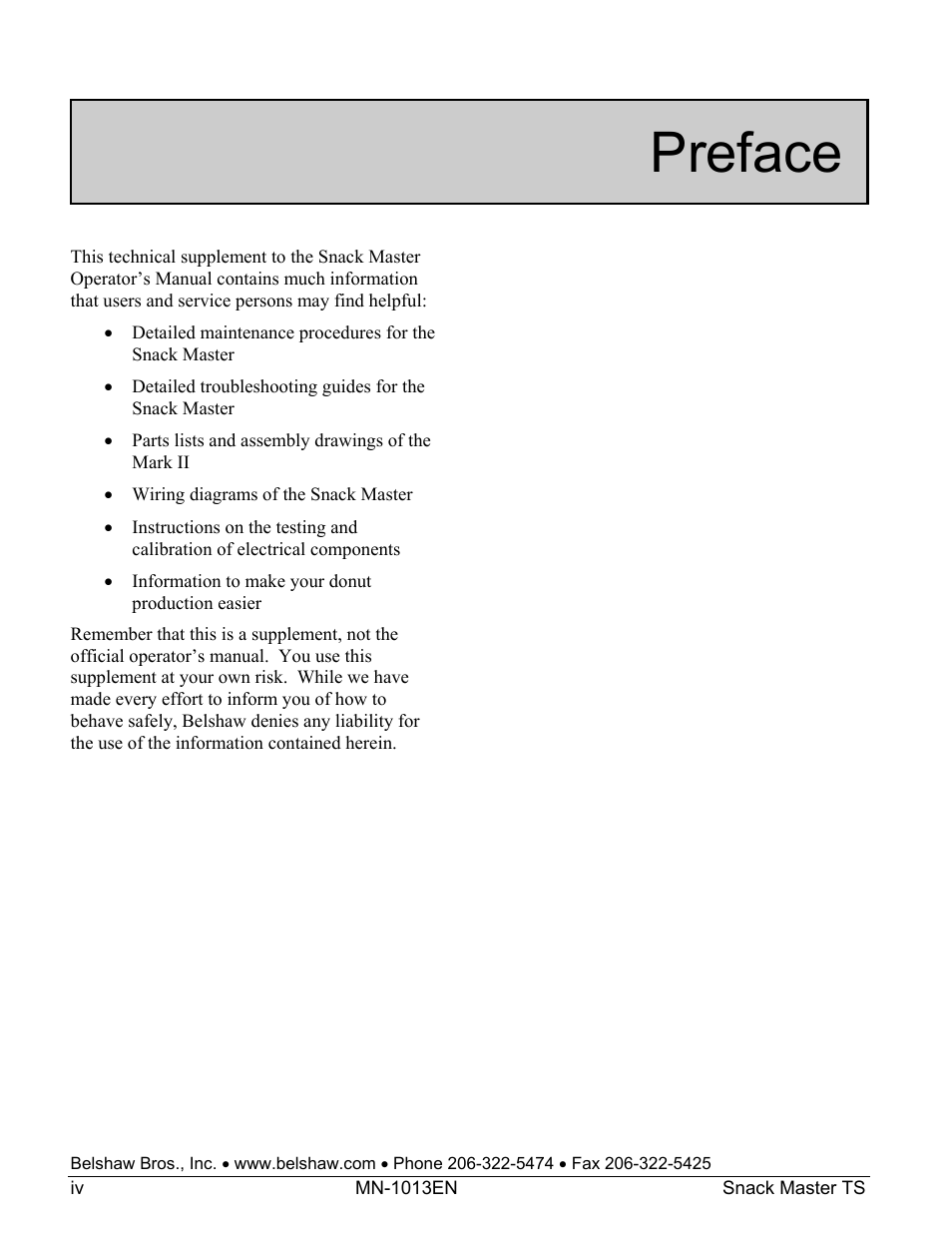 Preface | Belshaw Adamatic Snack Master Snack Food Frying System User Manual | Page 22 / 40
