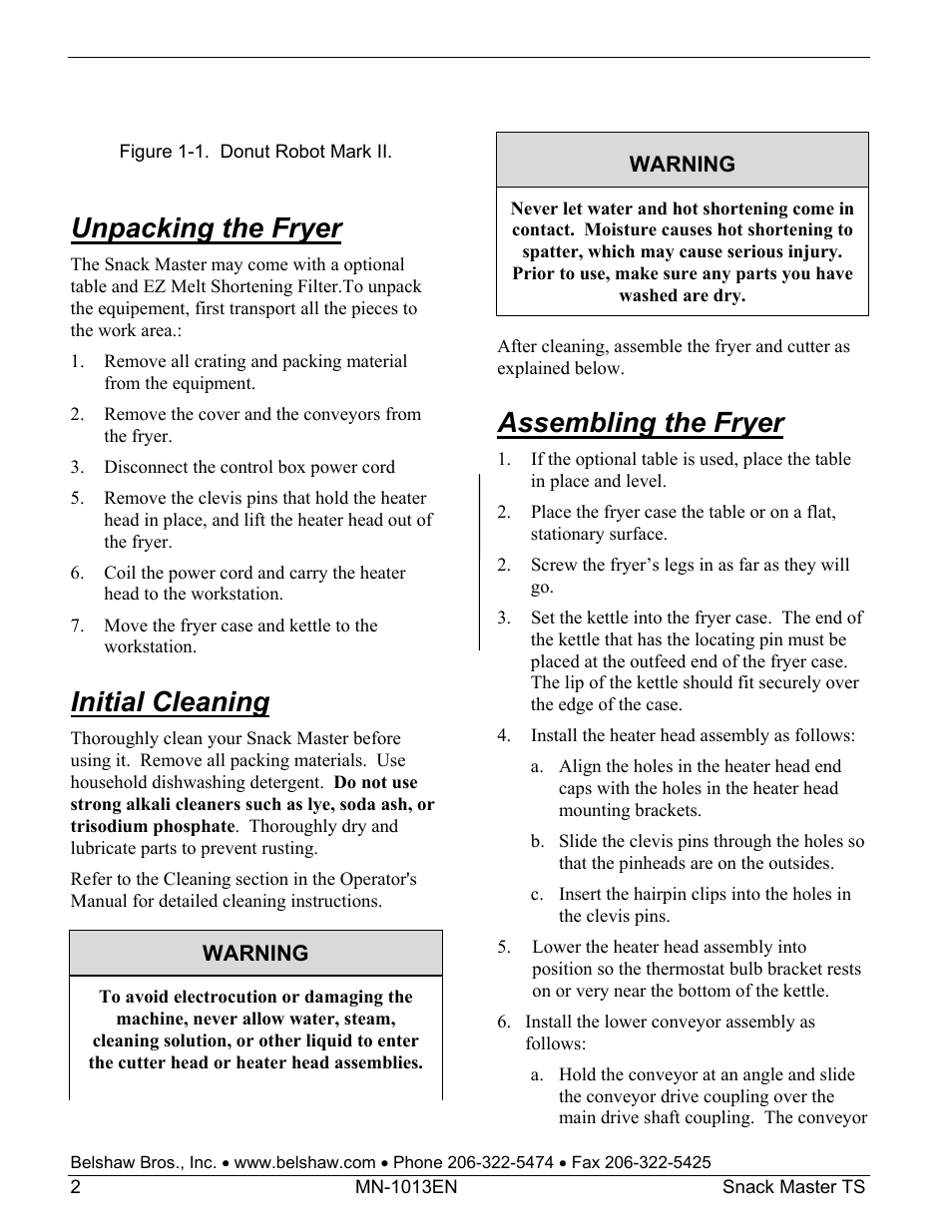 Unpacking the fryer, Initial cleaning, Assembling the fryer | Belshaw Adamatic Snack Master Snack Food Frying System User Manual | Page 24 / 40