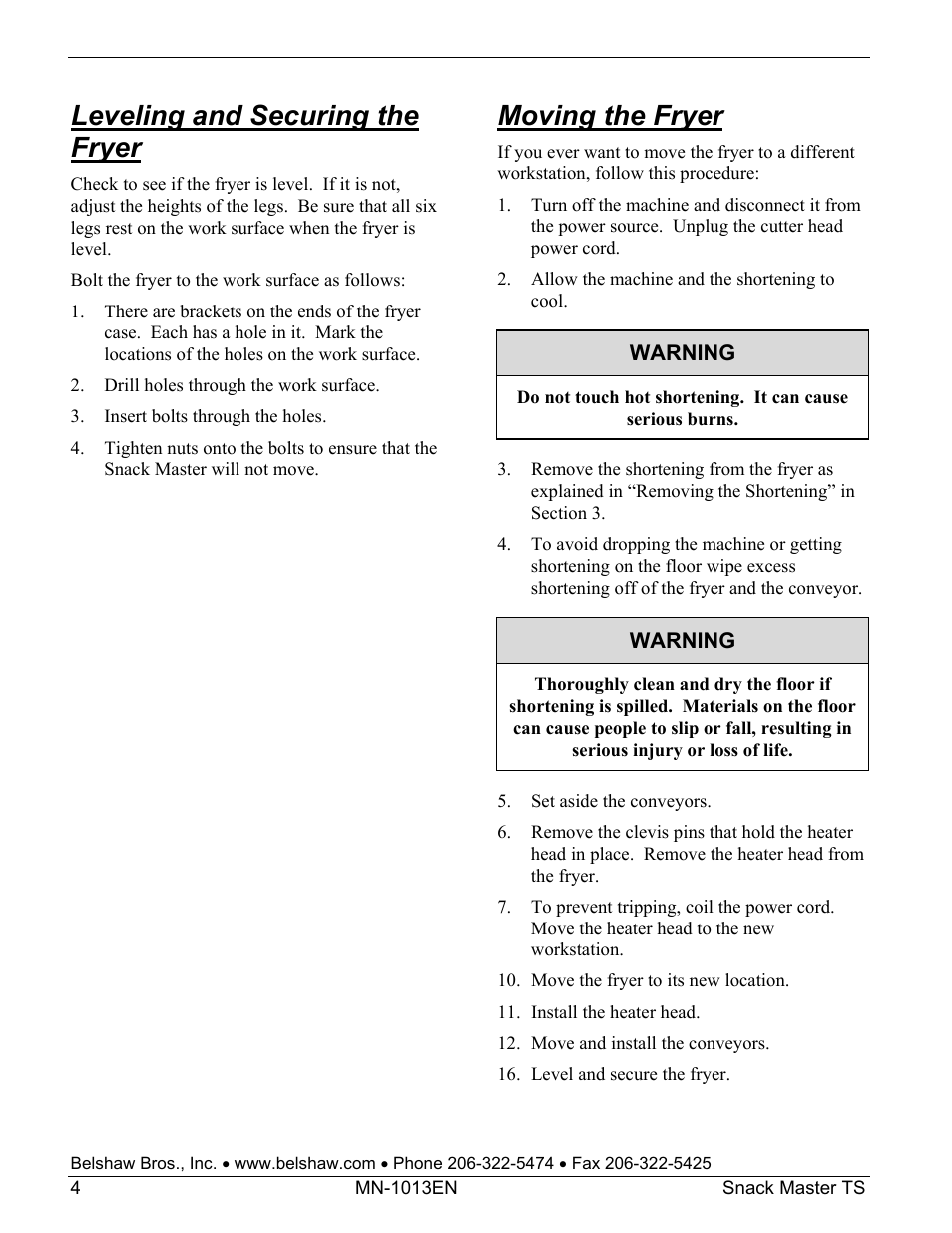 Leveling and securing the fryer, Moving the fryer | Belshaw Adamatic Snack Master Snack Food Frying System User Manual | Page 26 / 40