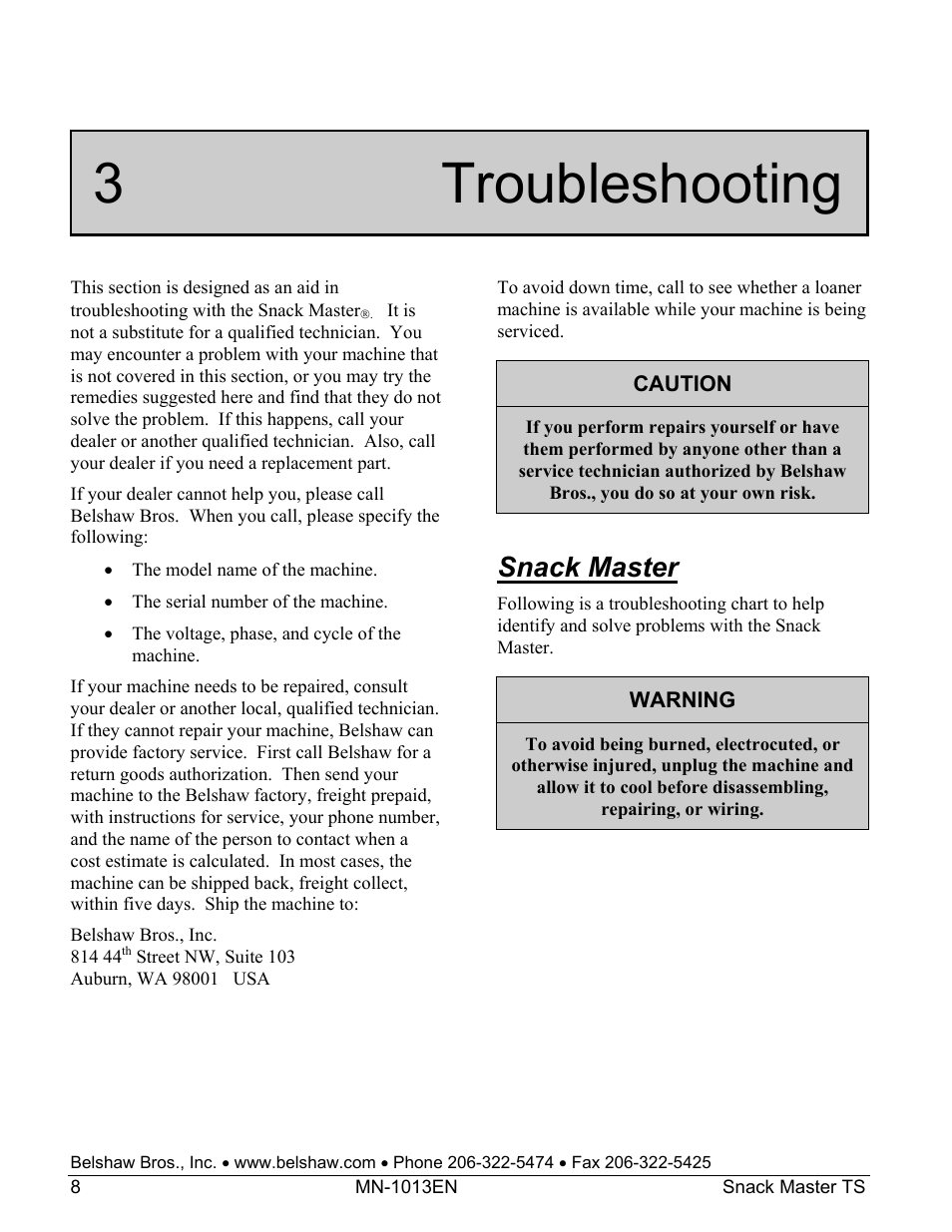 3 troubleshooting, Snack master | Belshaw Adamatic Snack Master Snack Food Frying System User Manual | Page 30 / 40