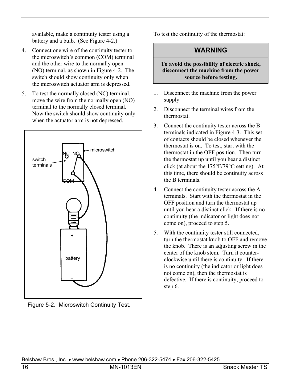Warning | Belshaw Adamatic Snack Master Snack Food Frying System User Manual | Page 38 / 40