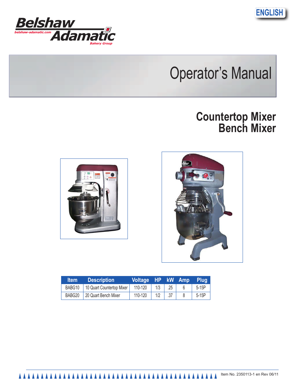 Belshaw Adamatic 10 Quart Mixer User Manual | 8 pages