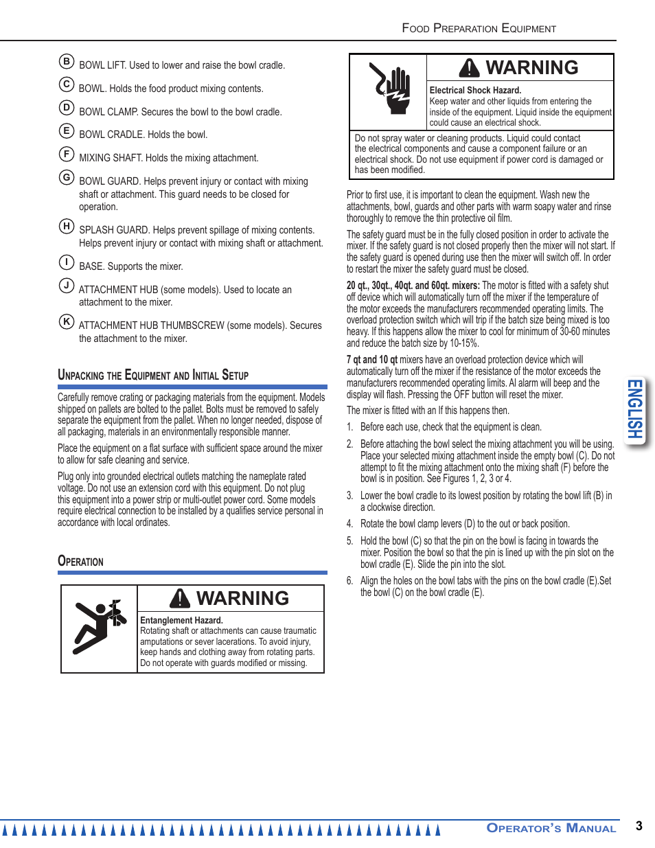 English, Warning | Belshaw Adamatic 10 Quart Mixer User Manual | Page 3 / 8